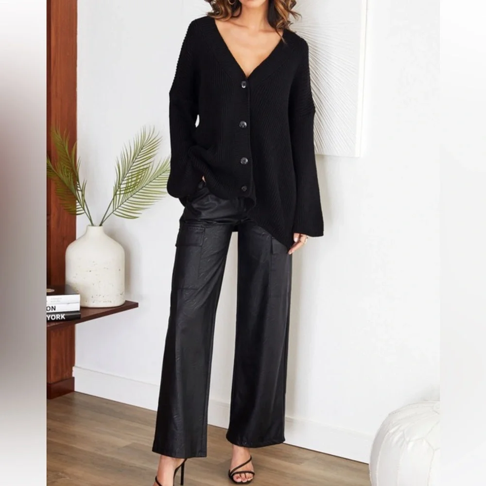 NEW CLASSY WIDE LEG FAUX LEATHER CARGO PANT BLACK - Picture 3 of 7